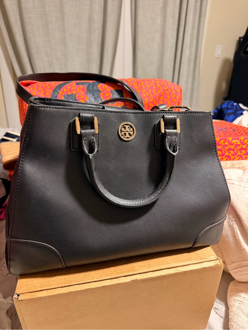 Tory Burch Black Leather Satchel with Gold Logo